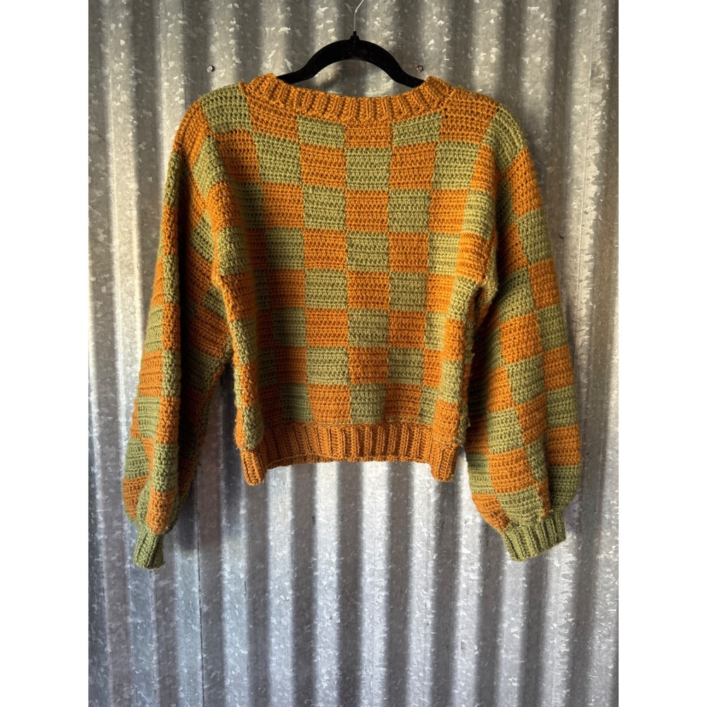Vintage Handmade Crochet Knit Checkerboard Sweater Orange Green Balloon Sleeve - Picture 2 of 10
